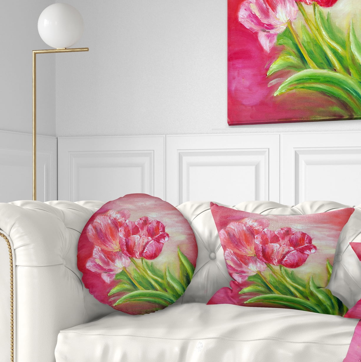 Designart Red Tulips in Red Background - Floral Throw Pillow - 12x20