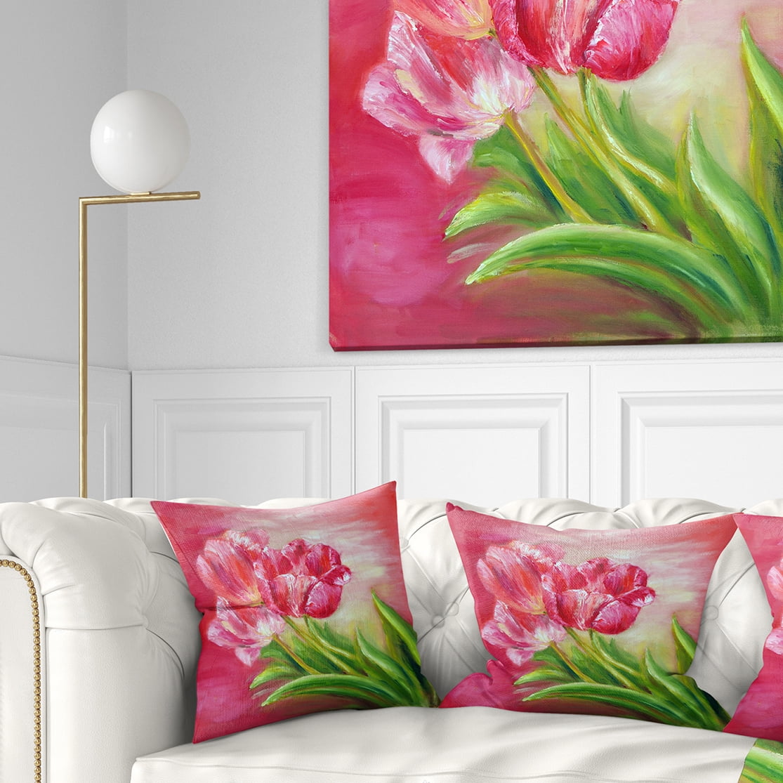 Designart Red Tulips in Red Background - Floral Throw Pillow - 18x18
