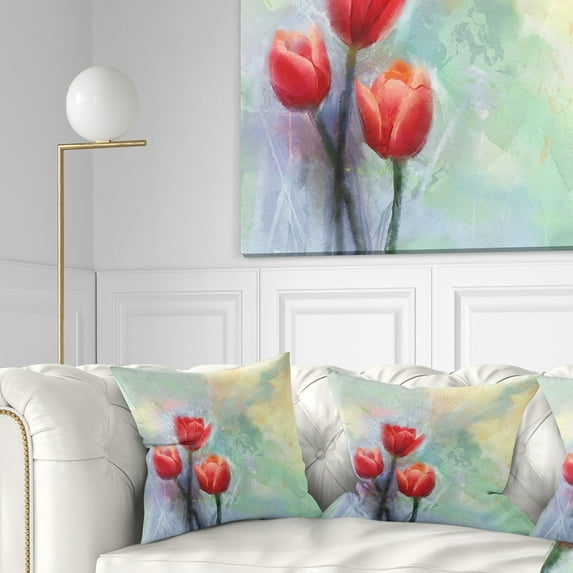 Designart Red Tulips on Light Blue Watercolor - Floral Throw Pillow - 16x16