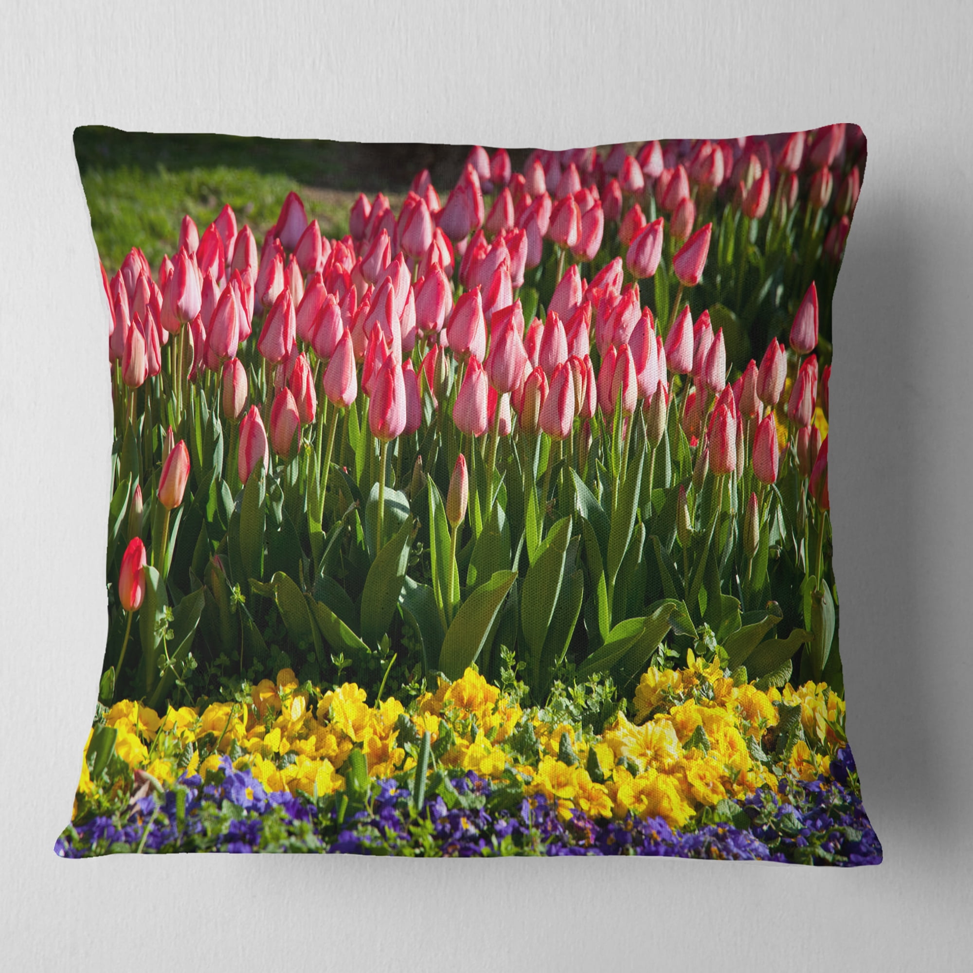 Designart Red Tulips with Yellow Purple Flowers - Flower Throw Pillow - 18x18