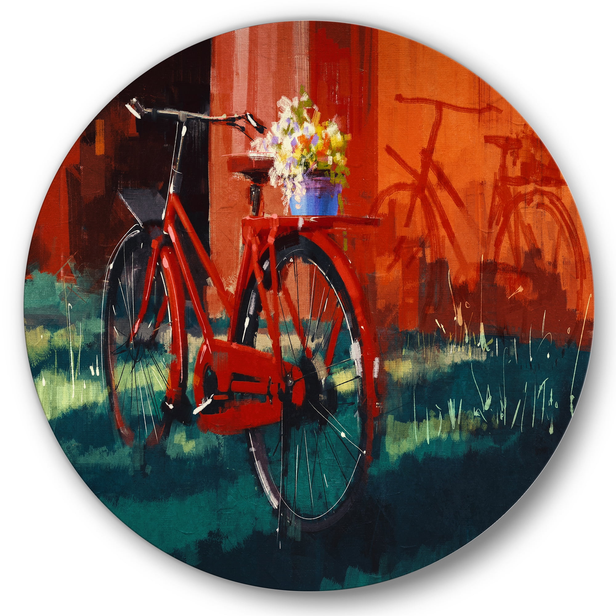 Designart 'Red VIntage Bicycle With Flowers Bucket' Vintage Circle Metal Wall Art 36x36 - Disc of 36