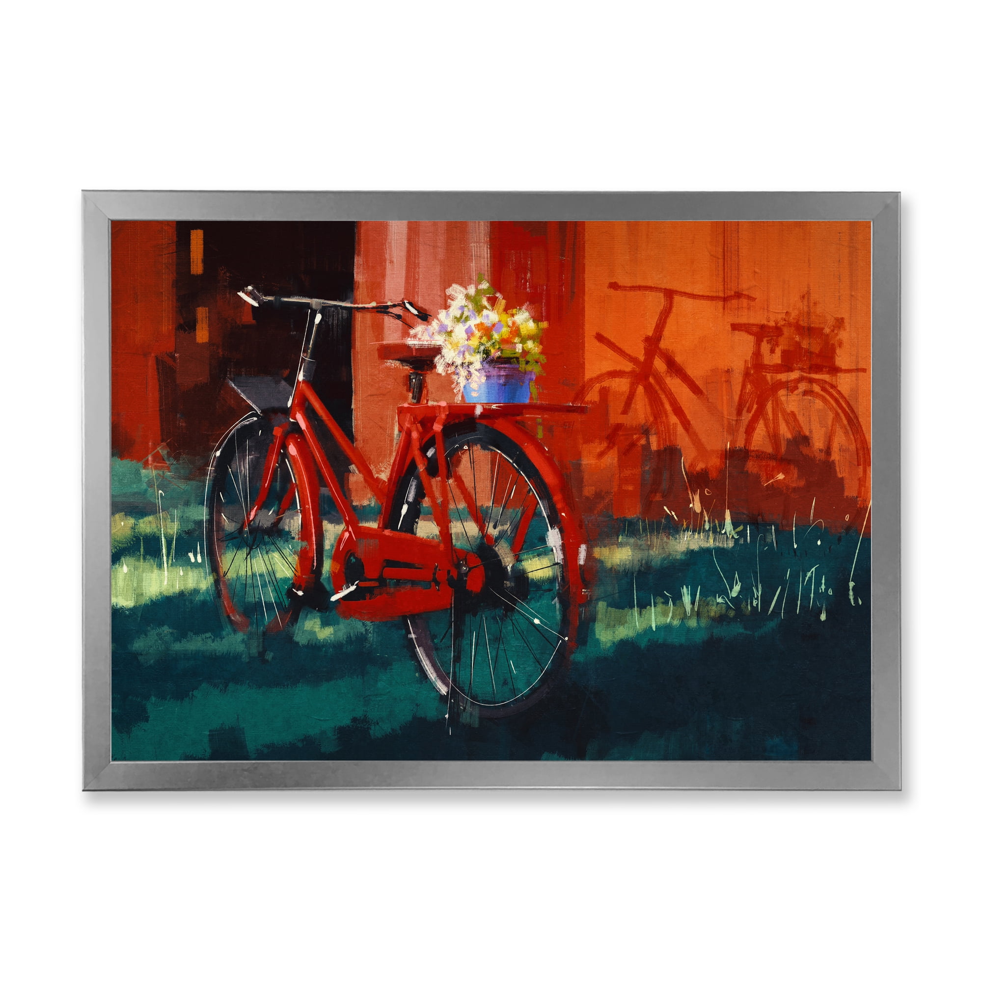 Designart 'Red VIntage Bicycle With Flowers Bucket' Vintage Framed Art Print