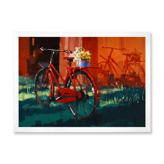 Designart 'Red VIntage Bicycle With Flowers Bucket' Vintage Framed Art Print