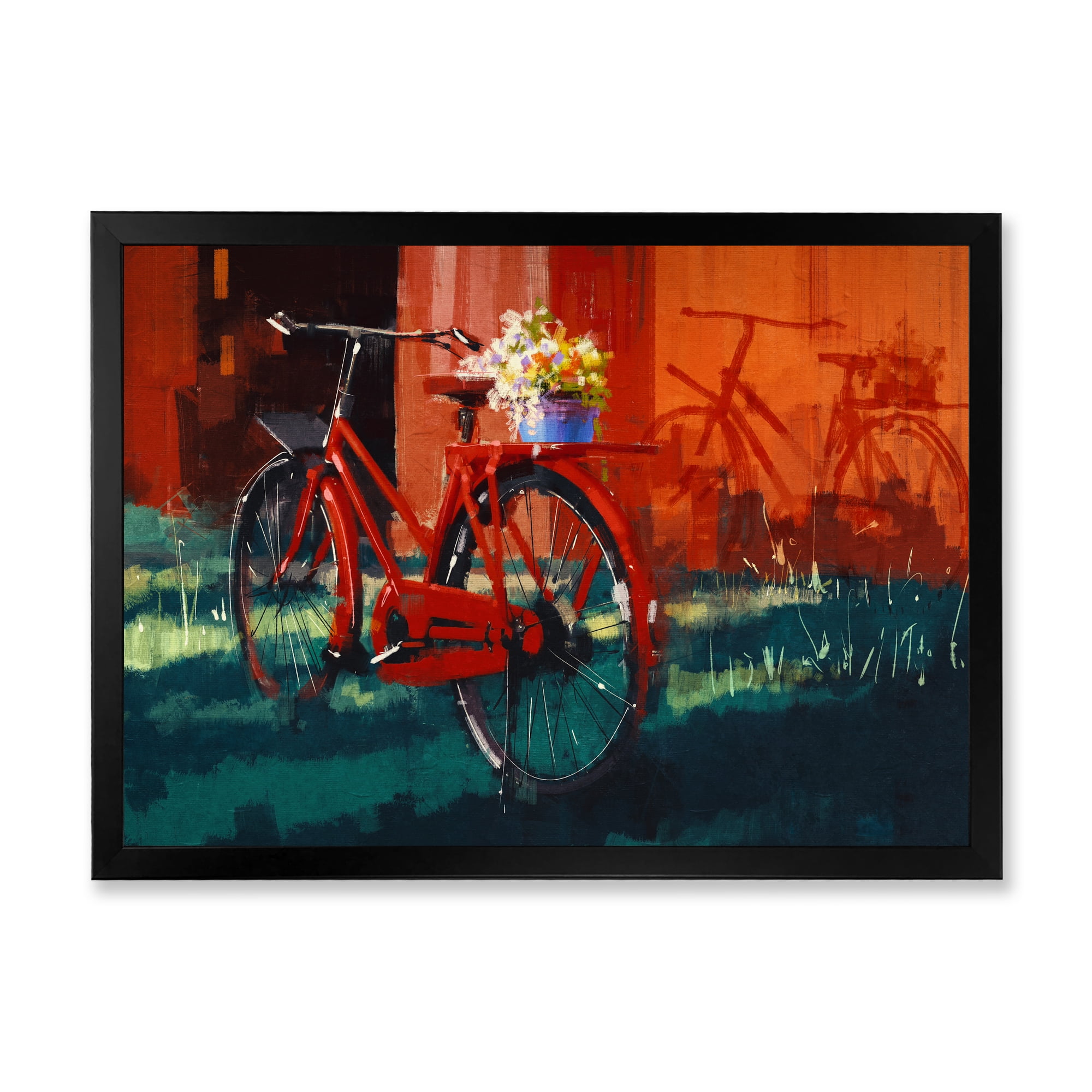 Designart 'Red VIntage Bicycle With Flowers Bucket' Vintage Framed Art Print