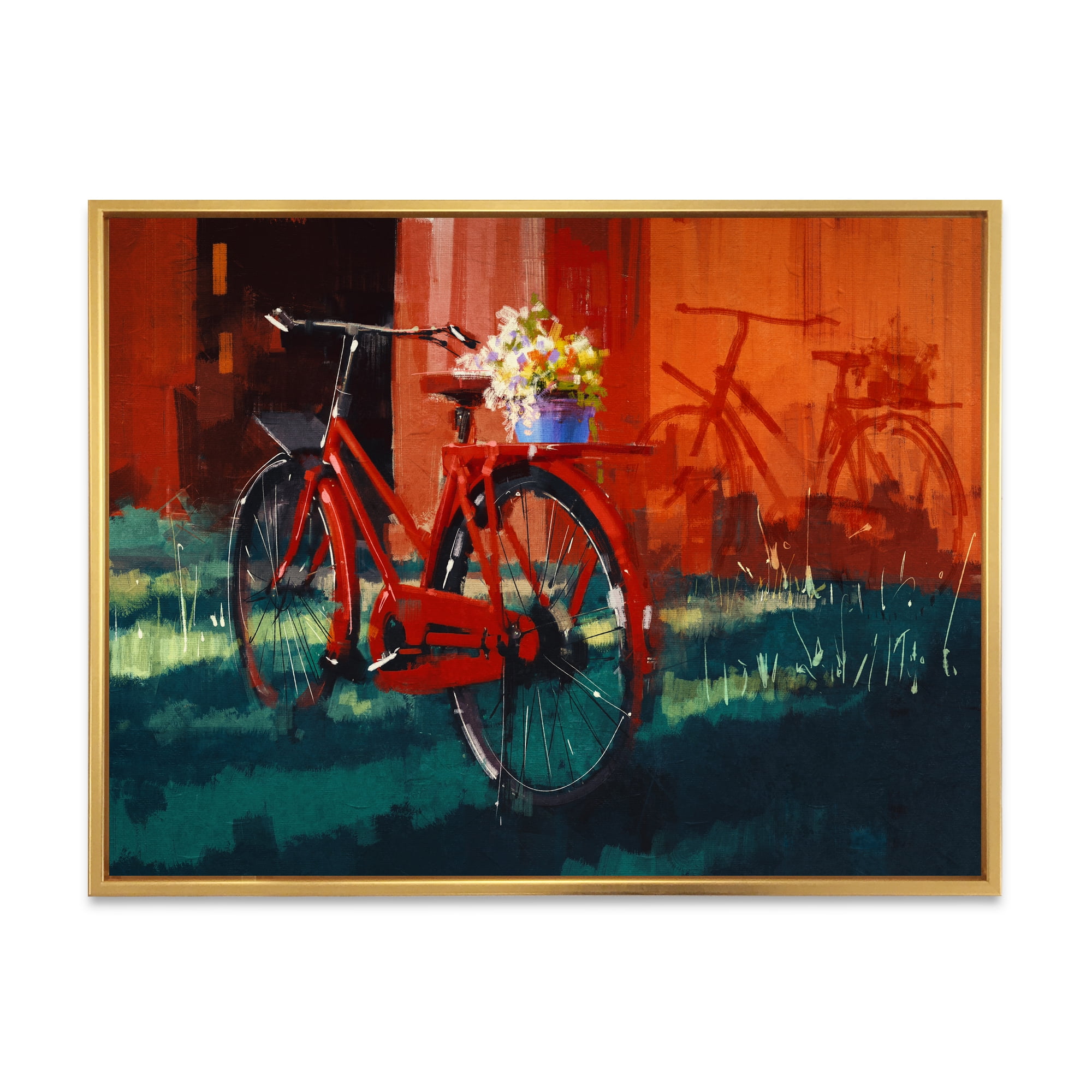 Designart 'Red VIntage Bicycle With Flowers Bucket' Vintage Framed Canvas Wall Art Print
