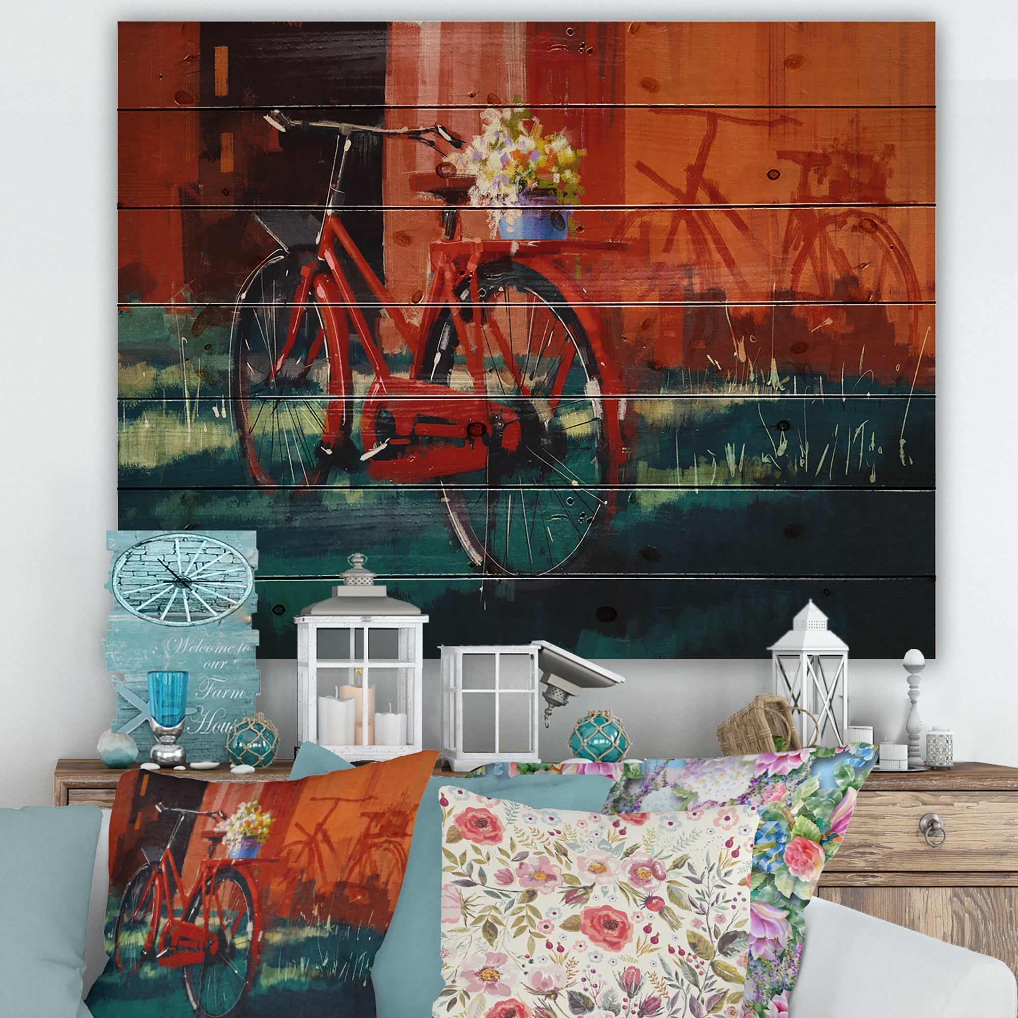 Designart 'Red VIntage Bicycle With Flowers Bucket' Vintage Print on Natural Pine Wood
