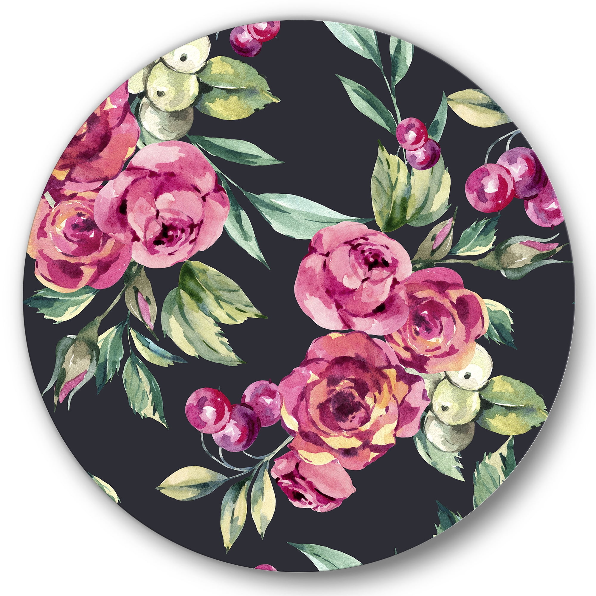 Designart 'Red VIntage Roses and Berries On Black Background' Farmhouse Circle Metal Wall Art 23x23 - Disc of 23