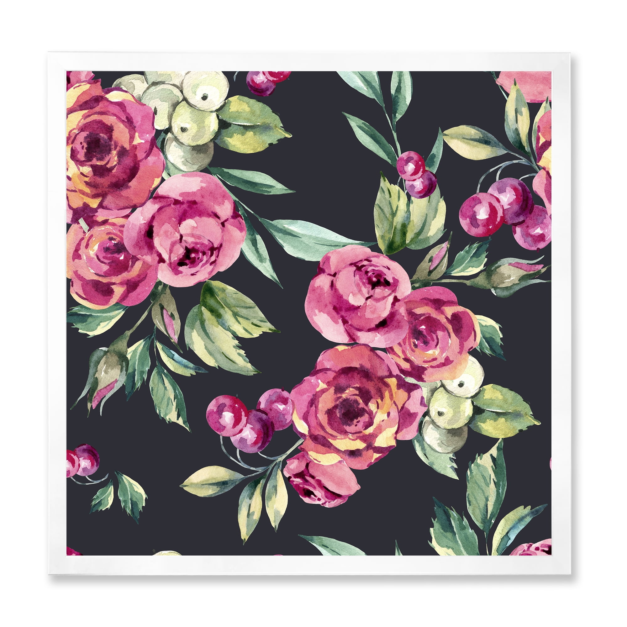Designart 'Red VIntage Roses and Berries On Black Background' Farmhouse Framed Art Print