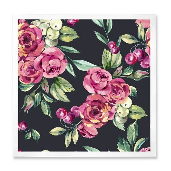 Designart 'Red VIntage Roses and Berries On Black Background' Farmhouse Framed Art Print