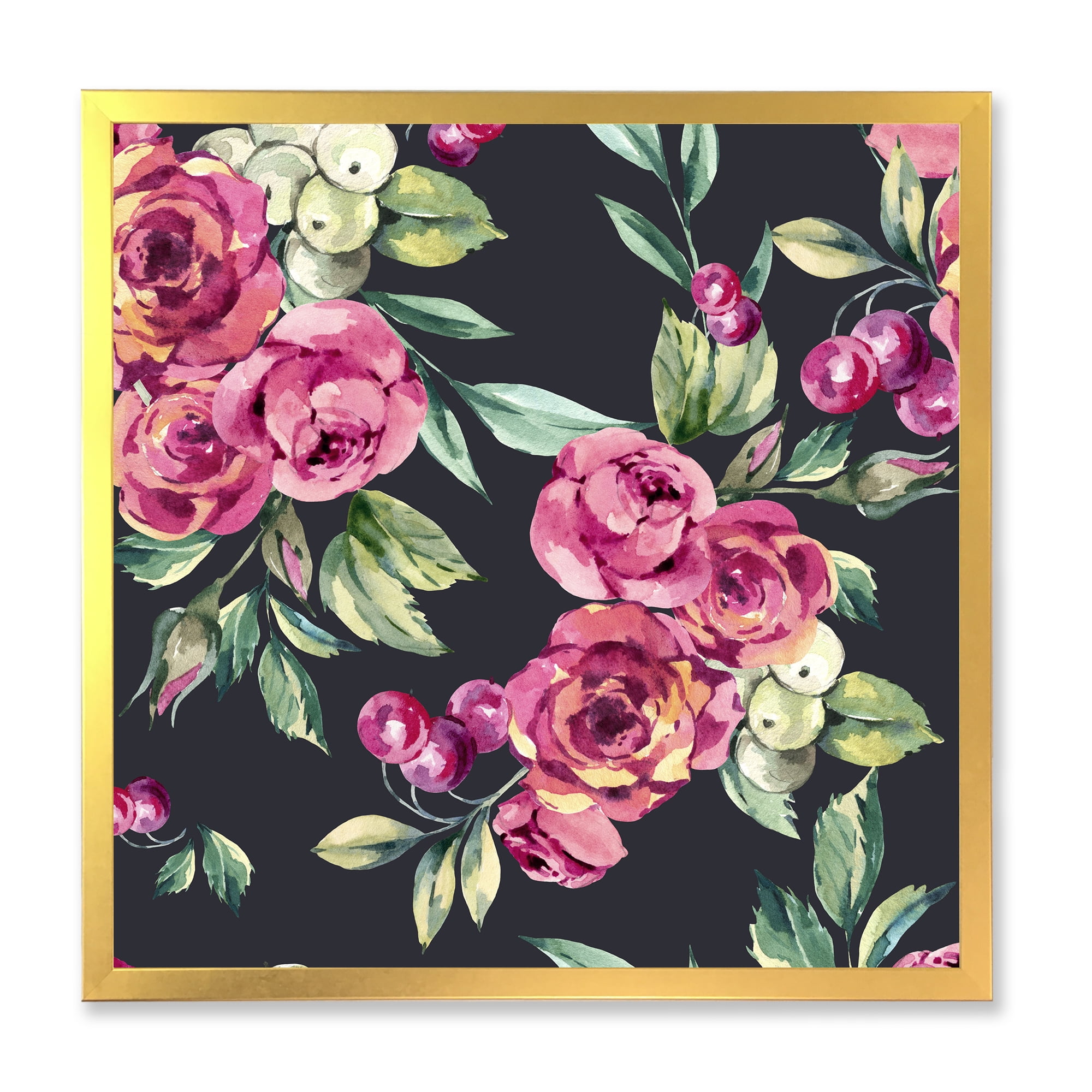 Designart 'Red VIntage Roses and Berries On Black Background' Farmhouse Framed Art Print