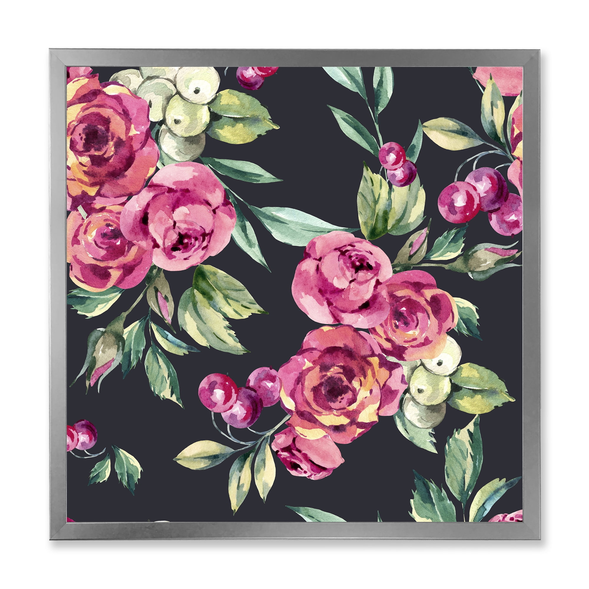 Designart 'Red VIntage Roses and Berries On Black Background' Farmhouse Framed Art Print