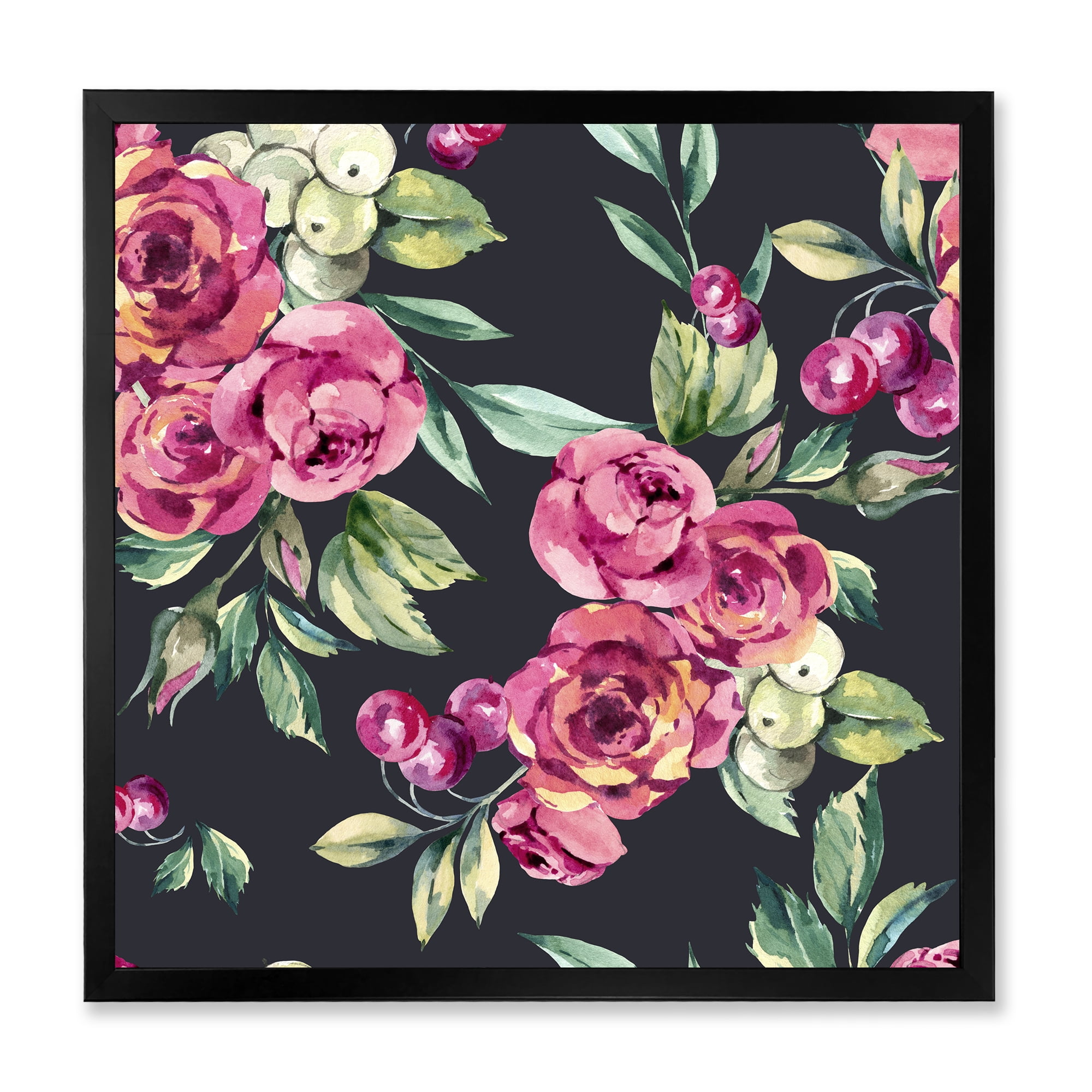 Designart 'Red VIntage Roses and Berries On Black Background' Farmhouse Framed Art Print