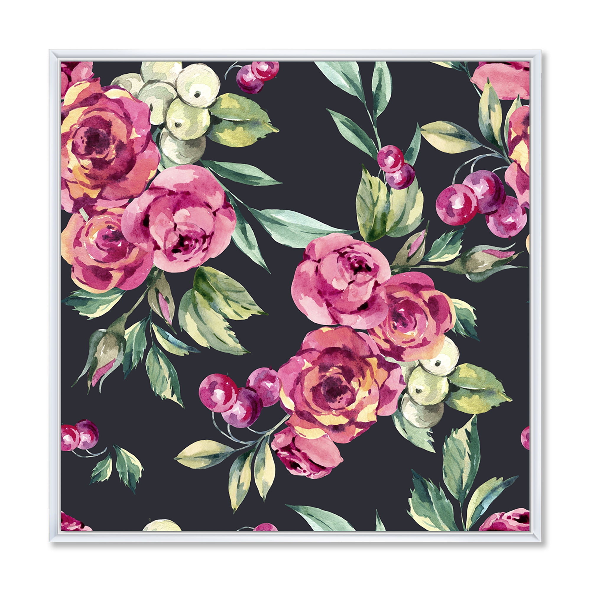 Designart 'Red VIntage Roses and Berries On Black Background' Farmhouse Framed Canvas Wall Art Print