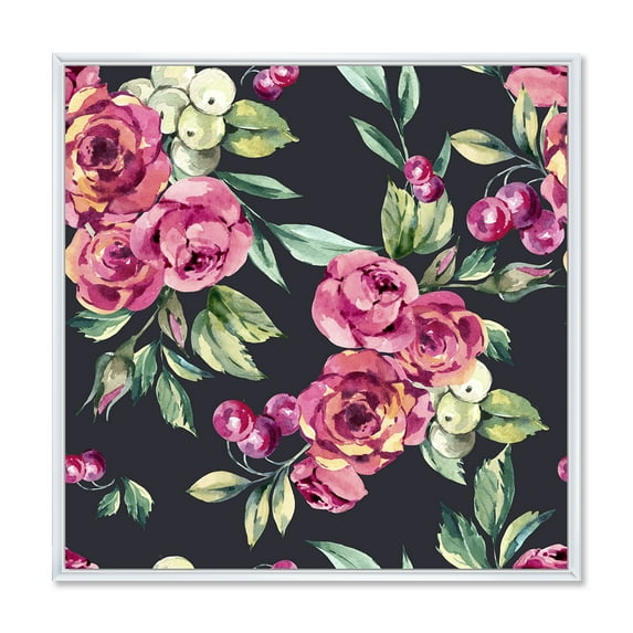 Designart 'Red VIntage Roses and Berries On Black Background' Farmhouse Framed Canvas Wall Art Print