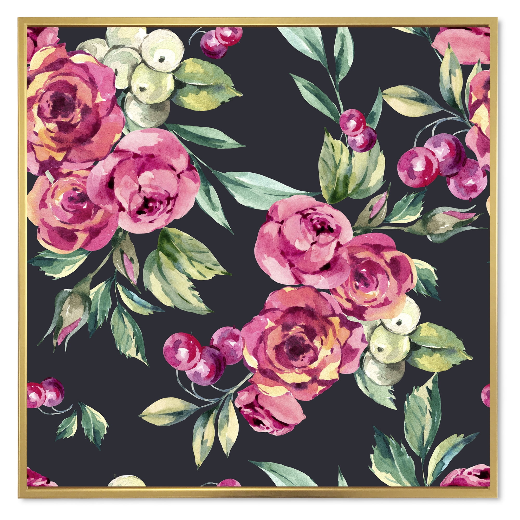 Designart 'Red VIntage Roses and Berries On Black Background' Farmhouse Framed Canvas Wall Art Print
