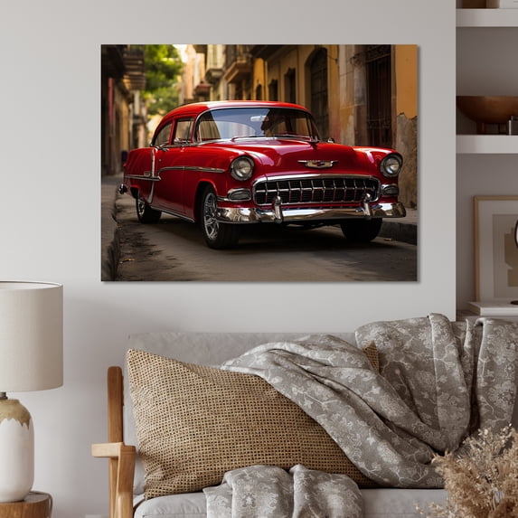 Designart "Red Vintage Car in Havana" Transportation Metal Wall Art