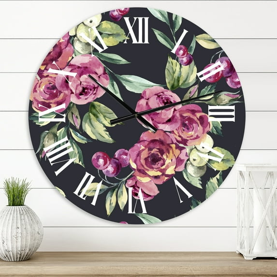 Designart 'Red Vintage Roses And Berries On Black' Farmhouse Wall Clock