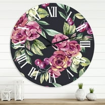 Designart 'Red Vintage Roses And Berries On Black' Farmhouse Wall Clock