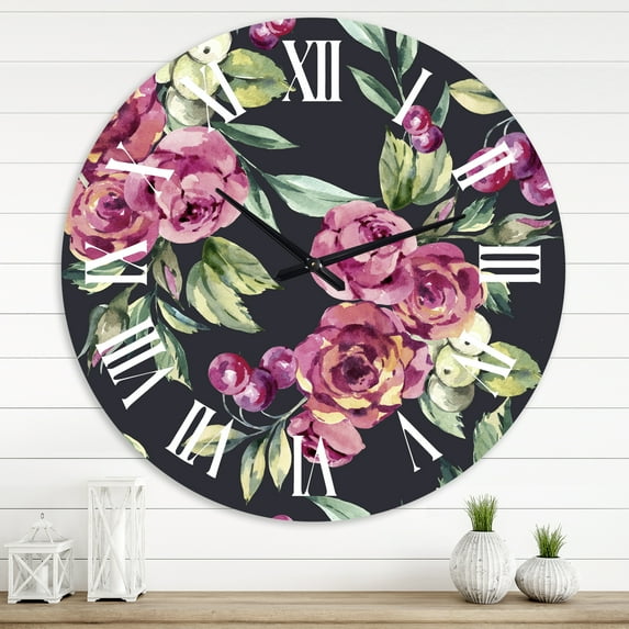 Designart 'Red Vintage Roses And Berries On Black' Farmhouse Wall Clock