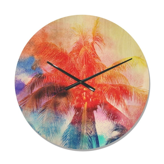 Designart 'Red Watercolor Retro Palms' Modern Wood Wall Clock