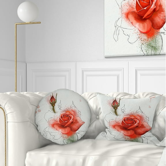 Designart Red Watercolor Rose Sketch - Floral Throw Pillow - 12x20