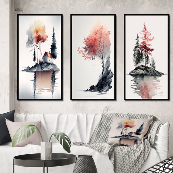 Designart "Red Watercolor Tree by Country Dwelling III" Landscape Forest Framed Wall Art Set Of 3 - Red Forest Frame Canvas Set For Living Room Decor