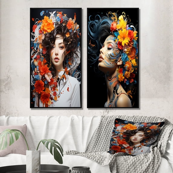 Designart "Red White Floral Fashion Woman Timeless Elegance" Fashion Framed Wall Art Set Of 2 - Red Fashion Framed Canvas Set For Living Room Decor