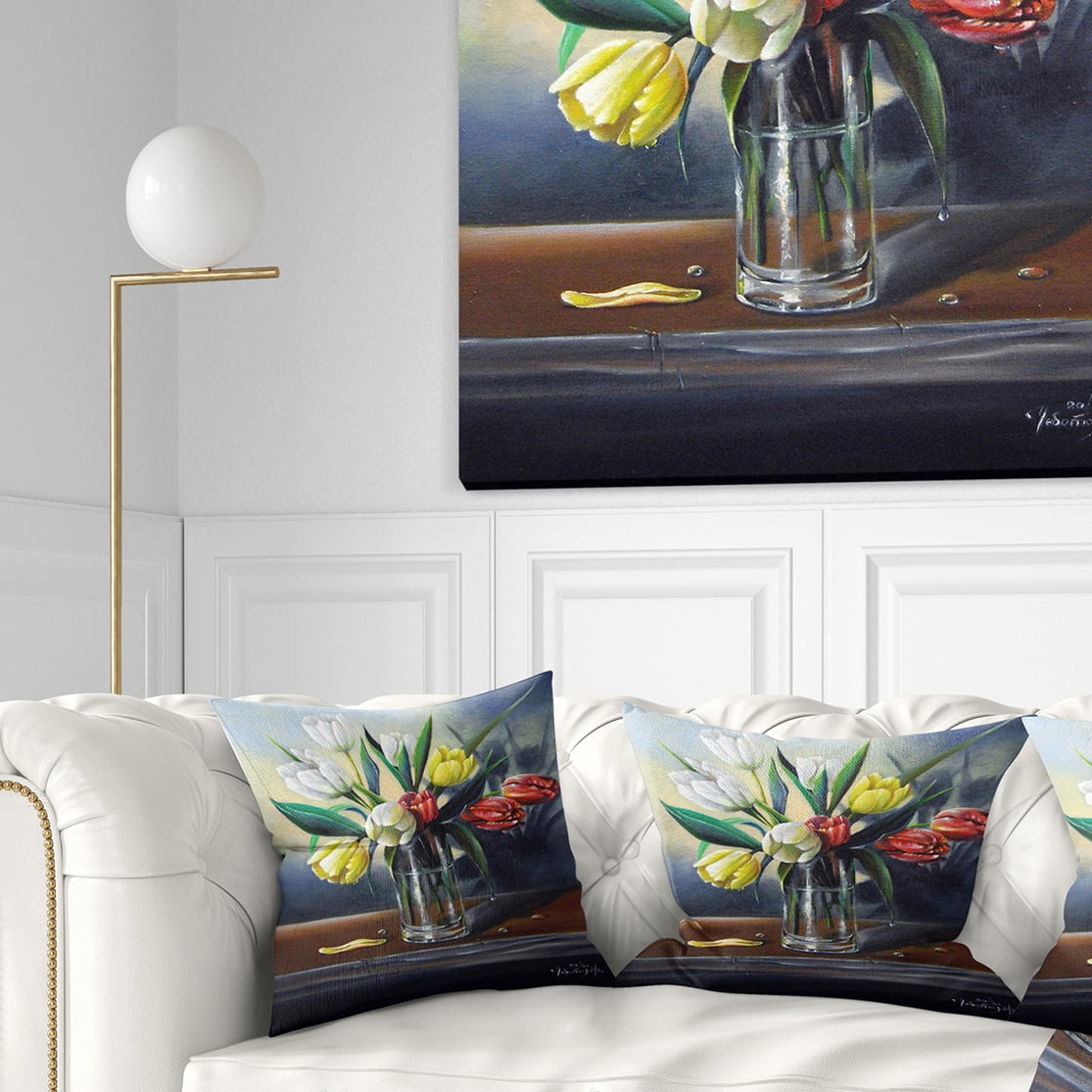Designart Red White Yellow Tulips - Floral Painting Throw Pillow - 18x18