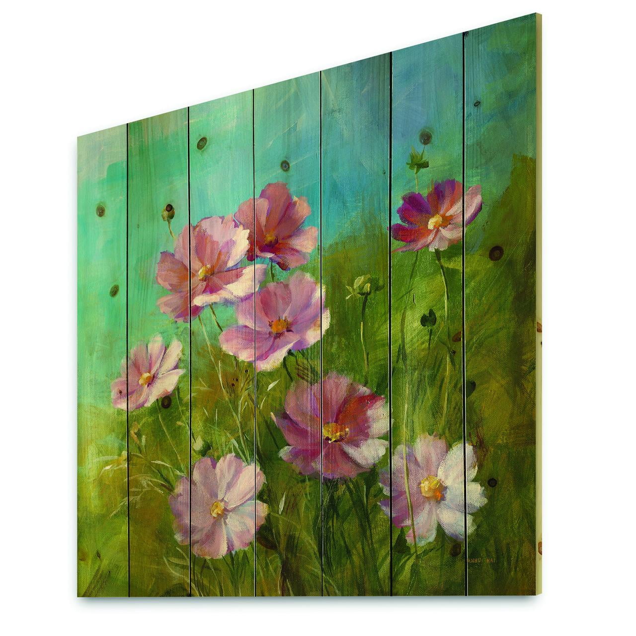 Designart 'Red Wildflowers on A Green Meadow' Traditional Print on Natural Pine Wood