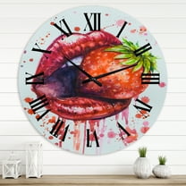 Designart 'Red Woman Lips Eating A Strawberry' Modern Wall Clock