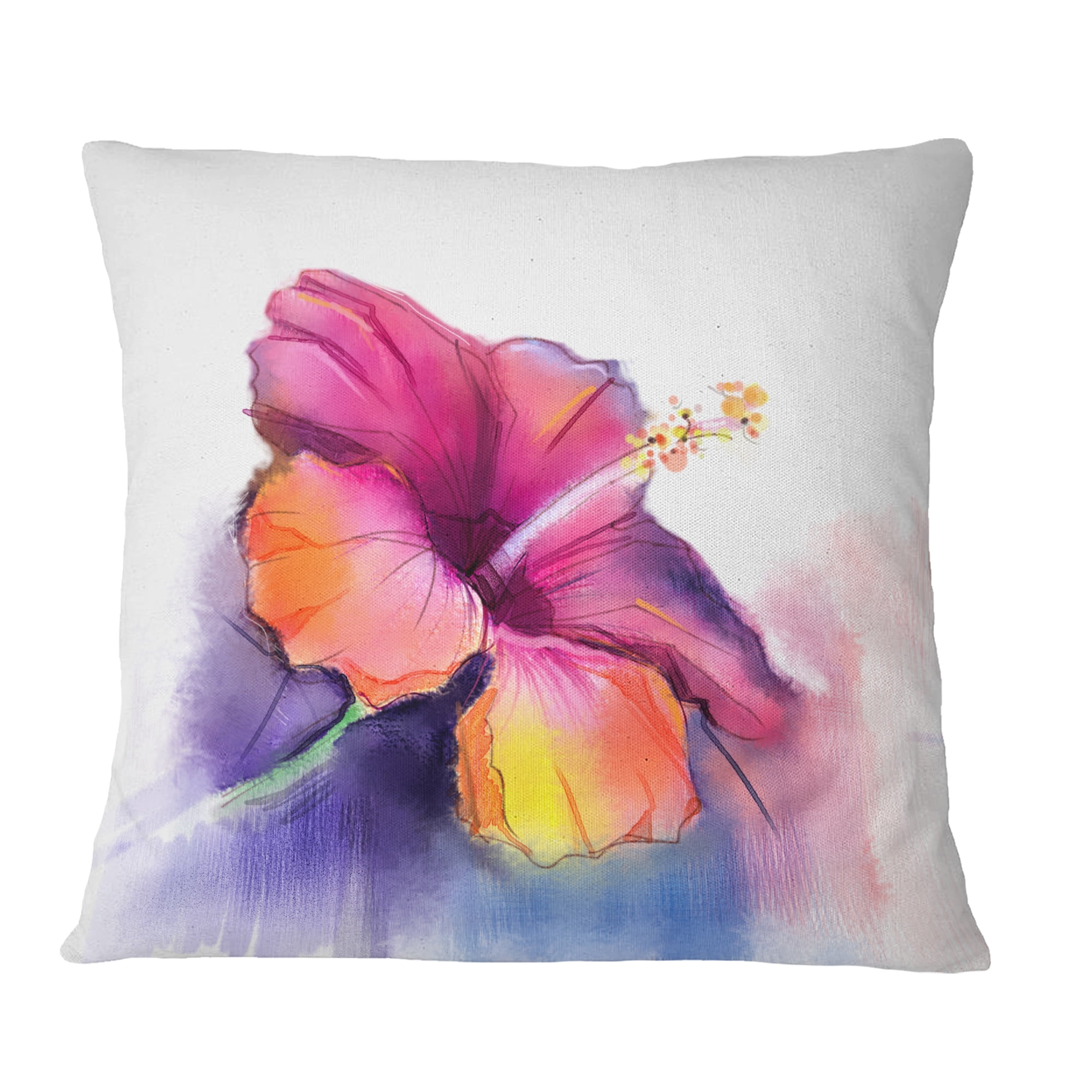 Designart Red Yellow Hibiscus Flower in Blue - Flower Throw Pillow - 16x16