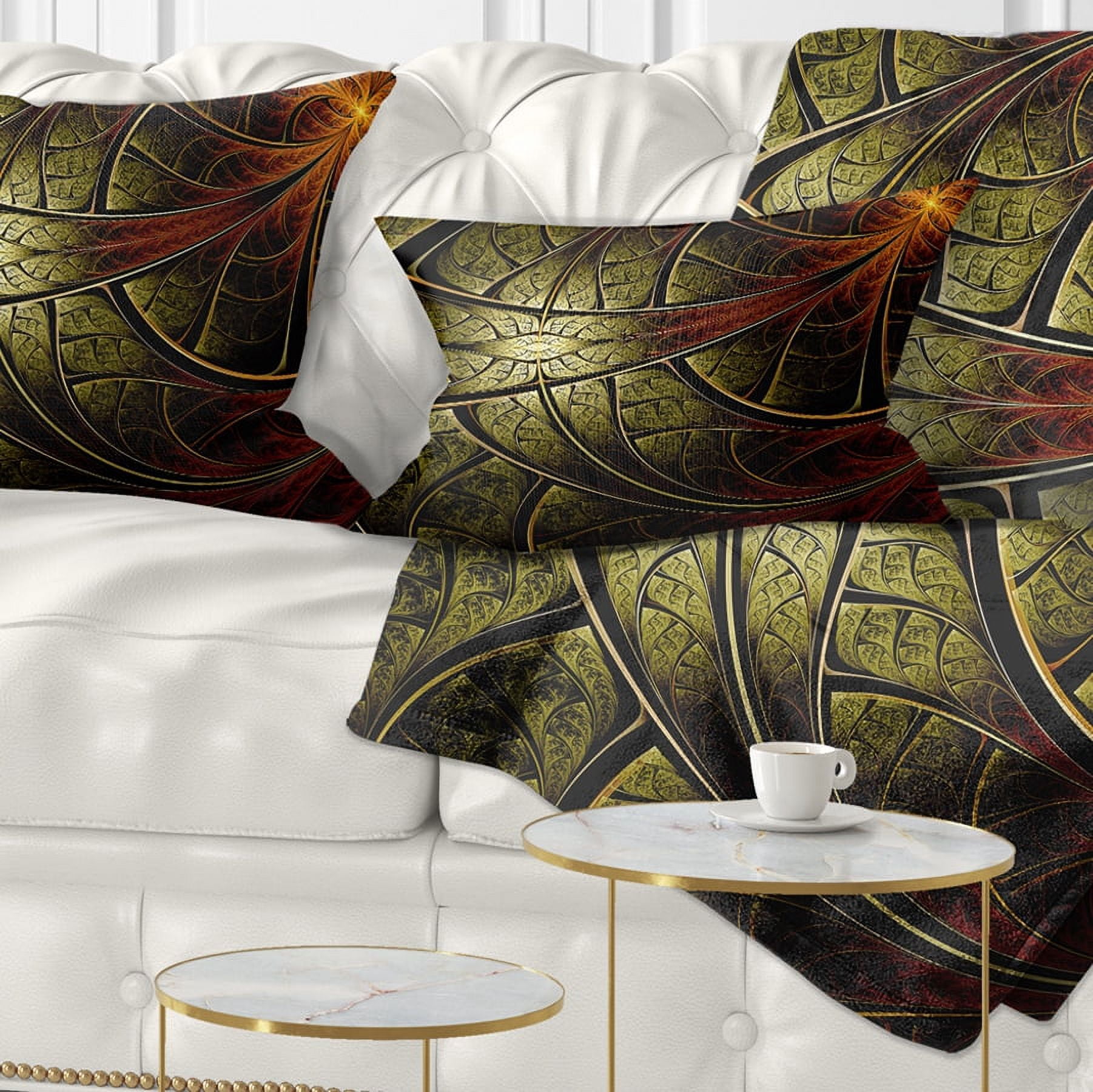 Designart Red Yellow Metallic Fabric Flower - Abstract Throw Pillow - 12x20
