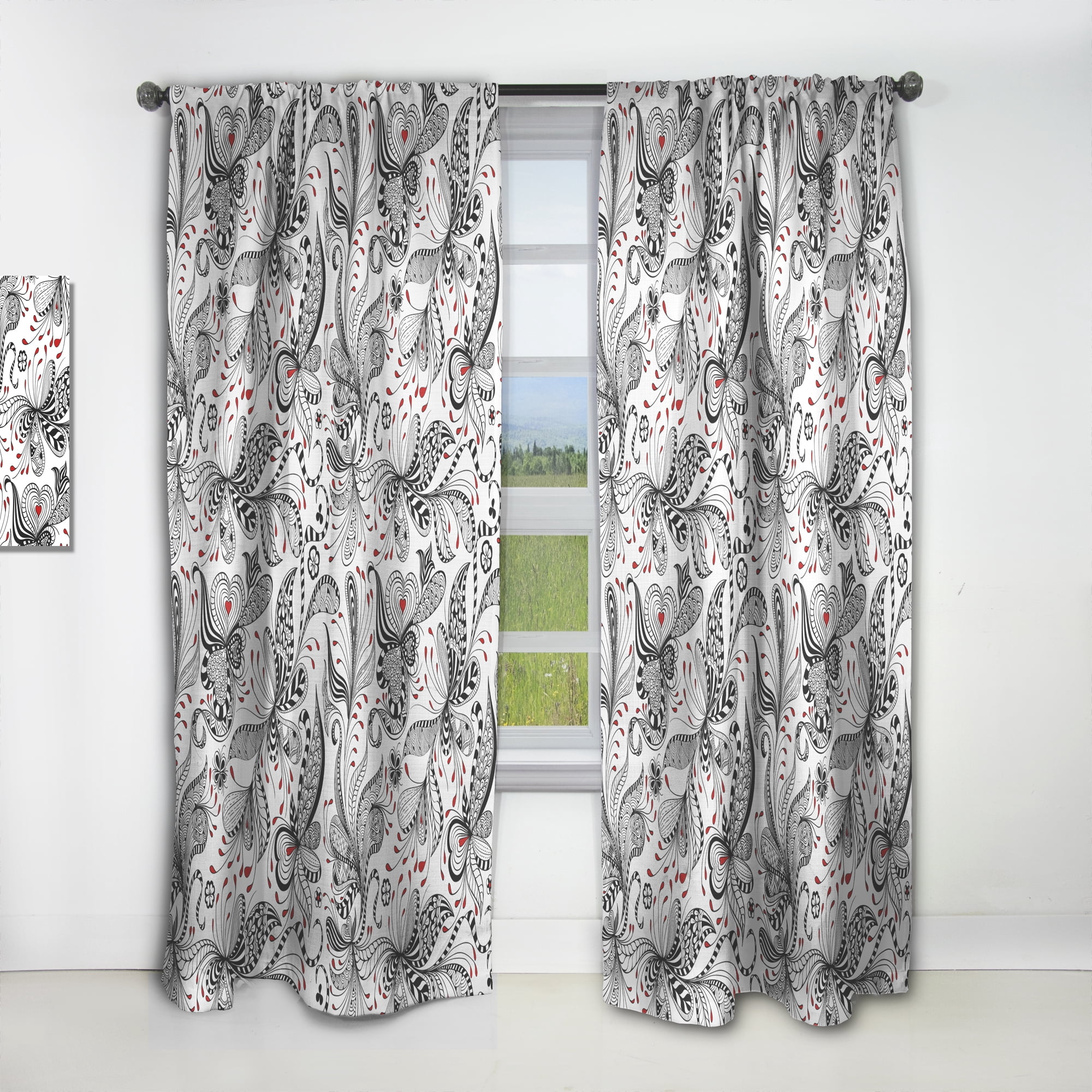 Designart 'Red and Black Floral Pattern' Bohemian & Eclectic Curtain Panel