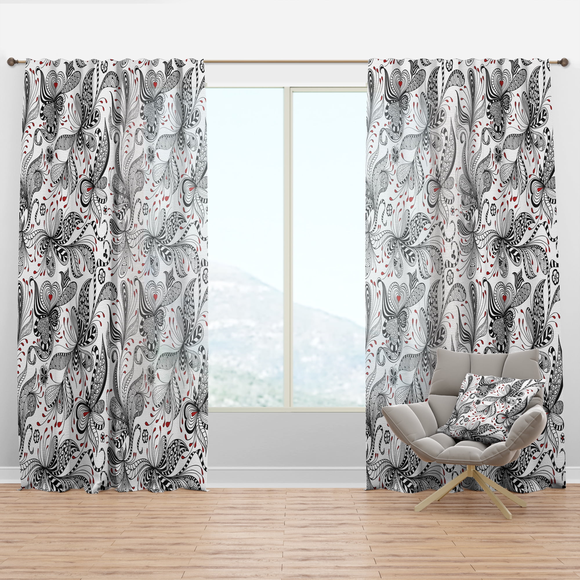 Designart 'Red and Black Floral Pattern' Bohemian & Eclectic Curtain Panel