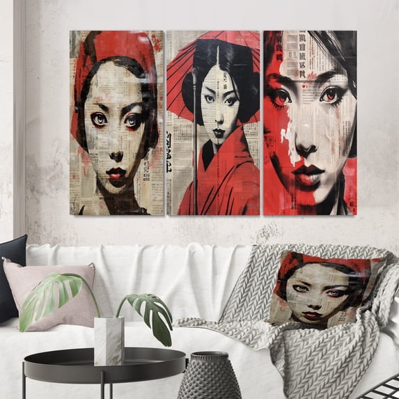 Designart "Red and Black Vintage Japanese Woman VI" Japon Woman Wall Art Set Of 3 - Red Woman Japon Gallery Set For Office Decor