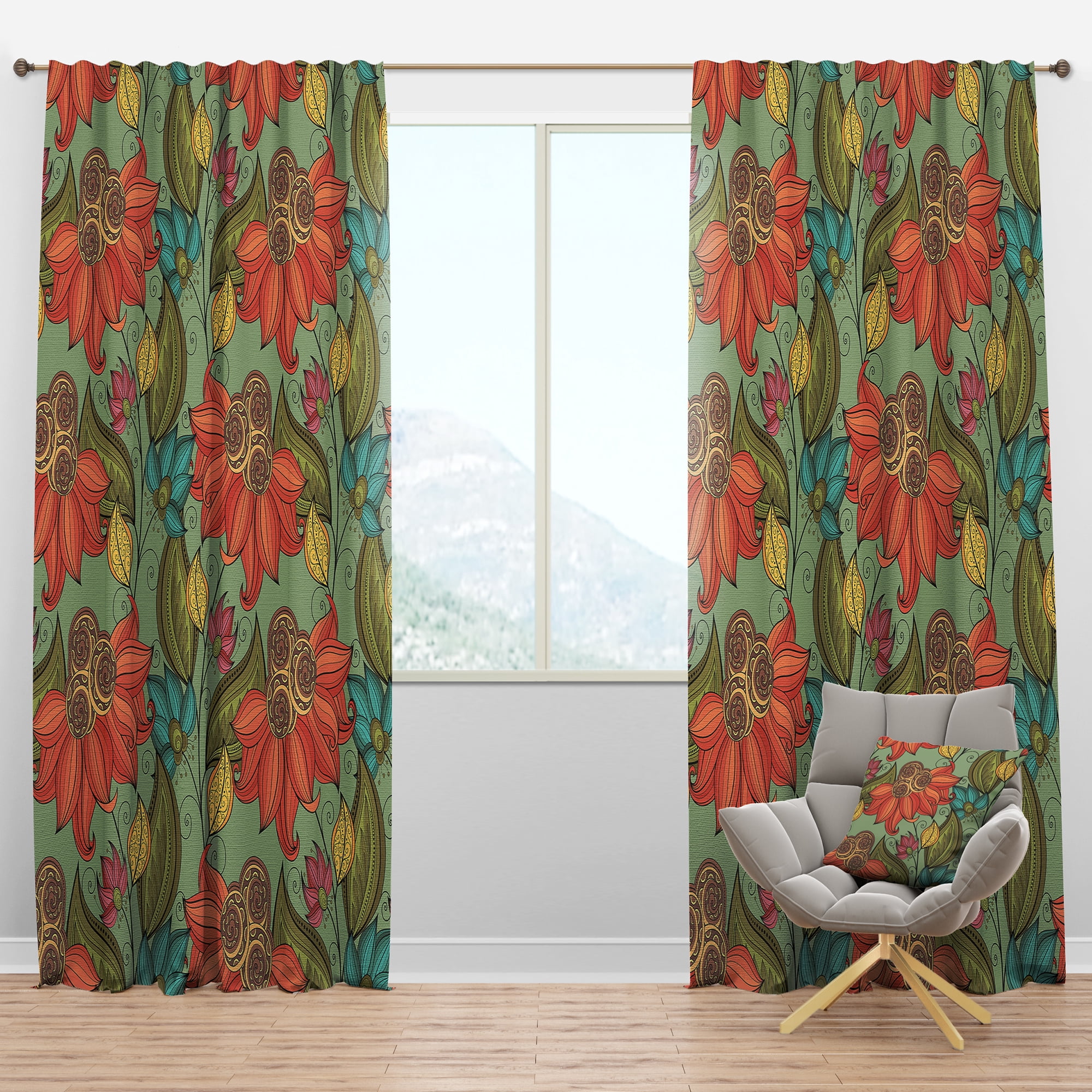 Designart 'Red and Blue Floral Pattern I' Bohemian & Eclectic Blackout Curtain Panel