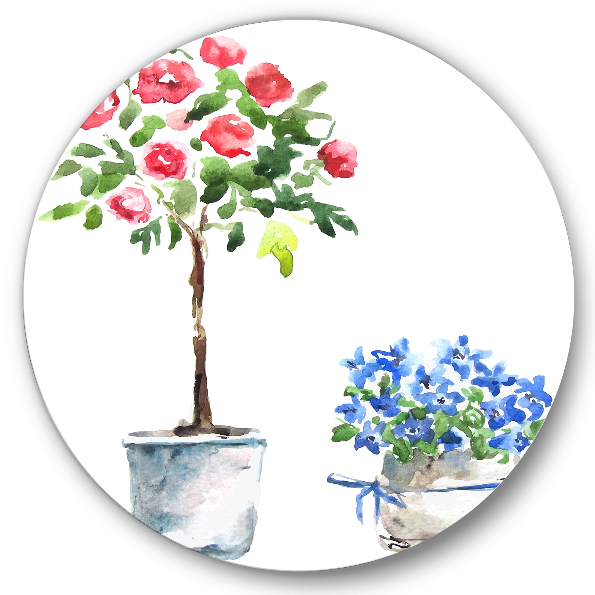 Designart 'Red and Blue Houseplants' Traditional Circle Metal Wall Art 36x36 - Disc of 36