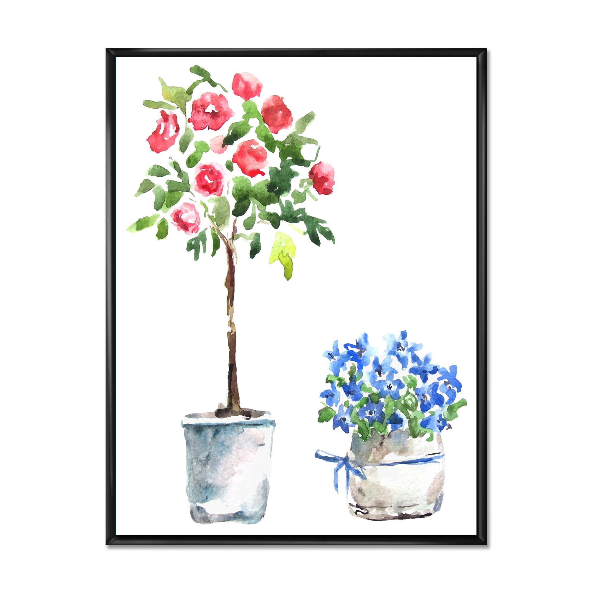 Designart 'Red and Blue Houseplants' Traditional Framed Canvas Wall Art Print