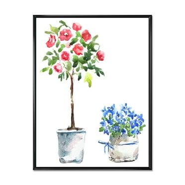 Designart 'Red and Blue Houseplants' Traditional Framed Canvas Wall Art Print