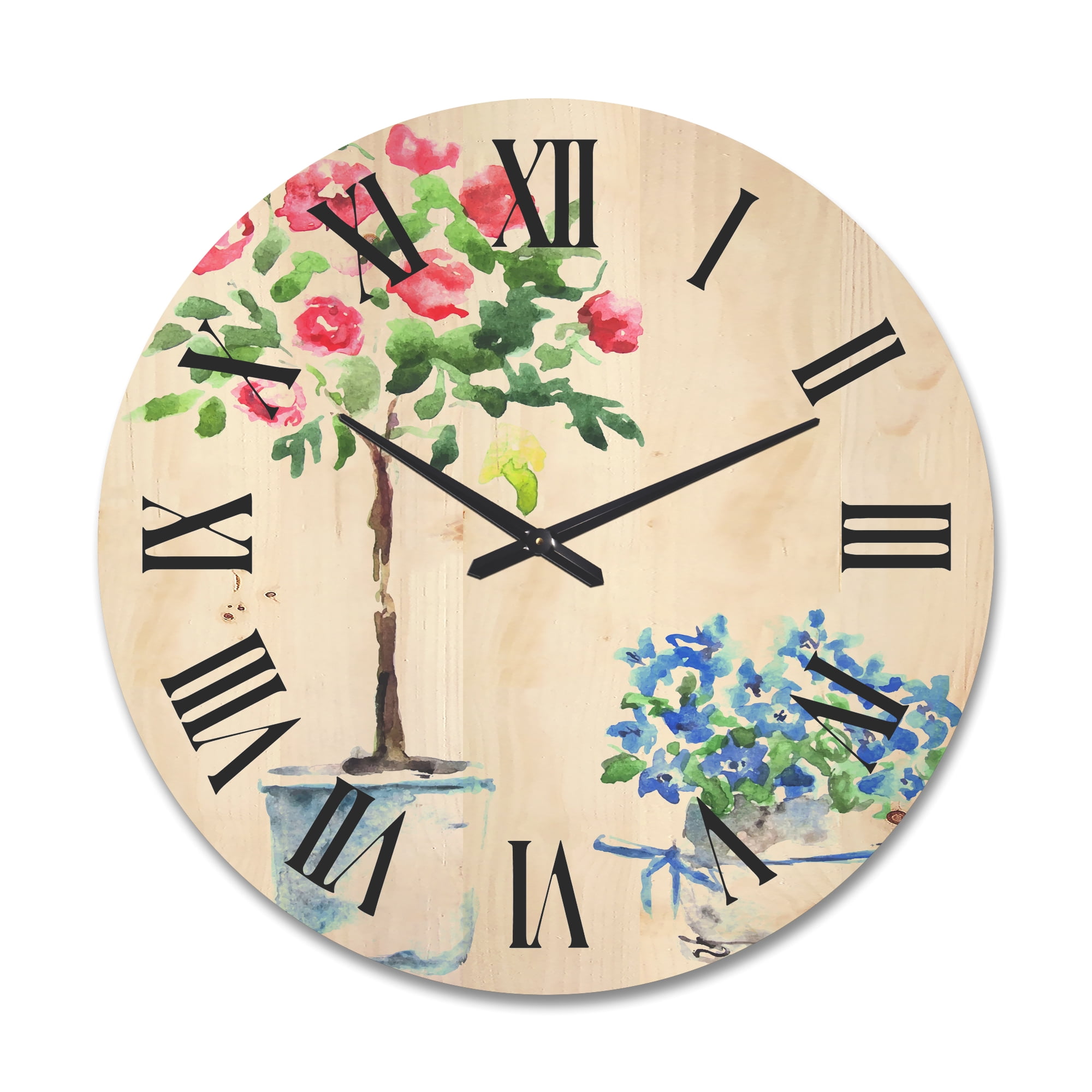 Designart 'Red and Blue Houseplants' Traditional Wood Wall Clock