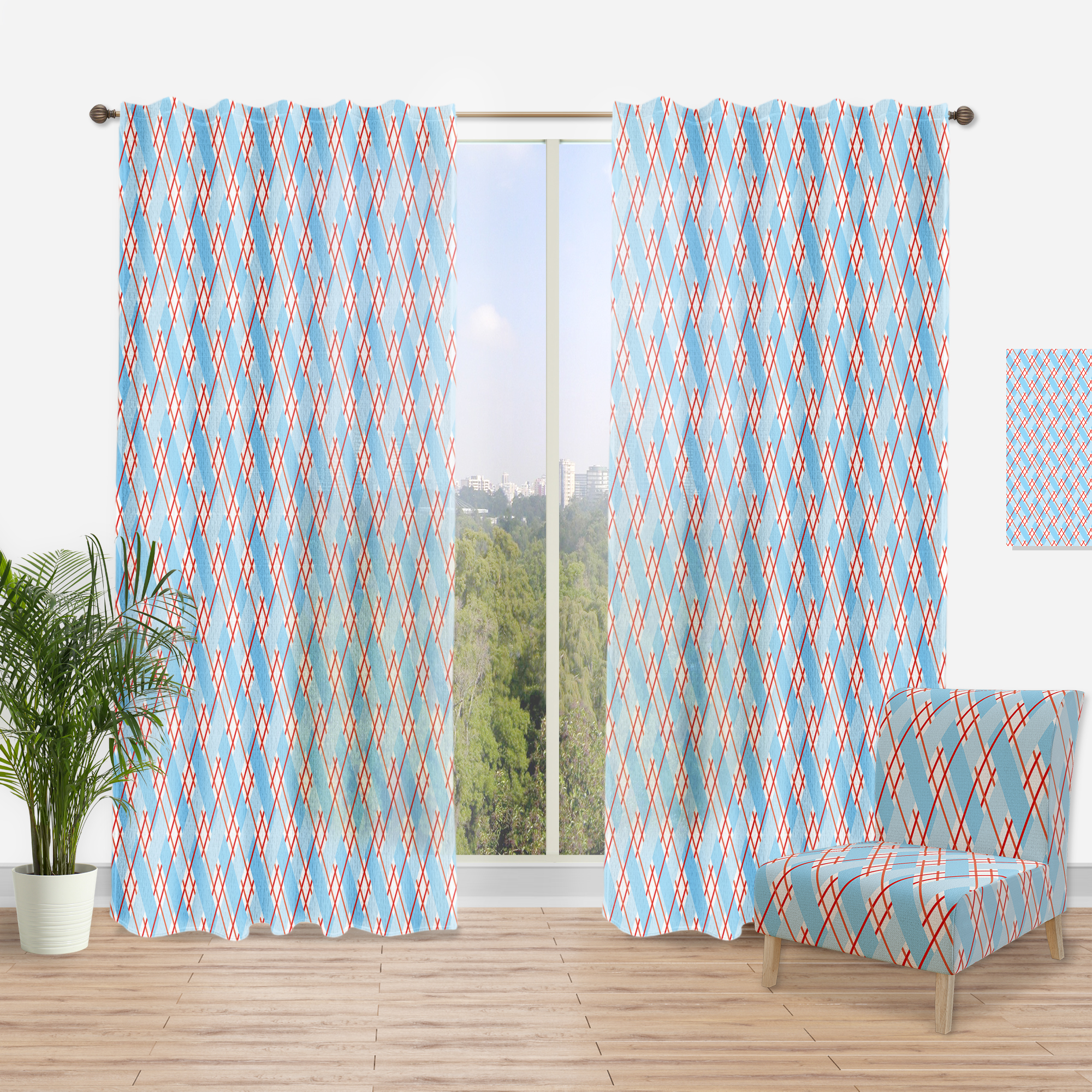 Designart 'Red and Blue Plaid' Mid-Century Modern Curtain Panel