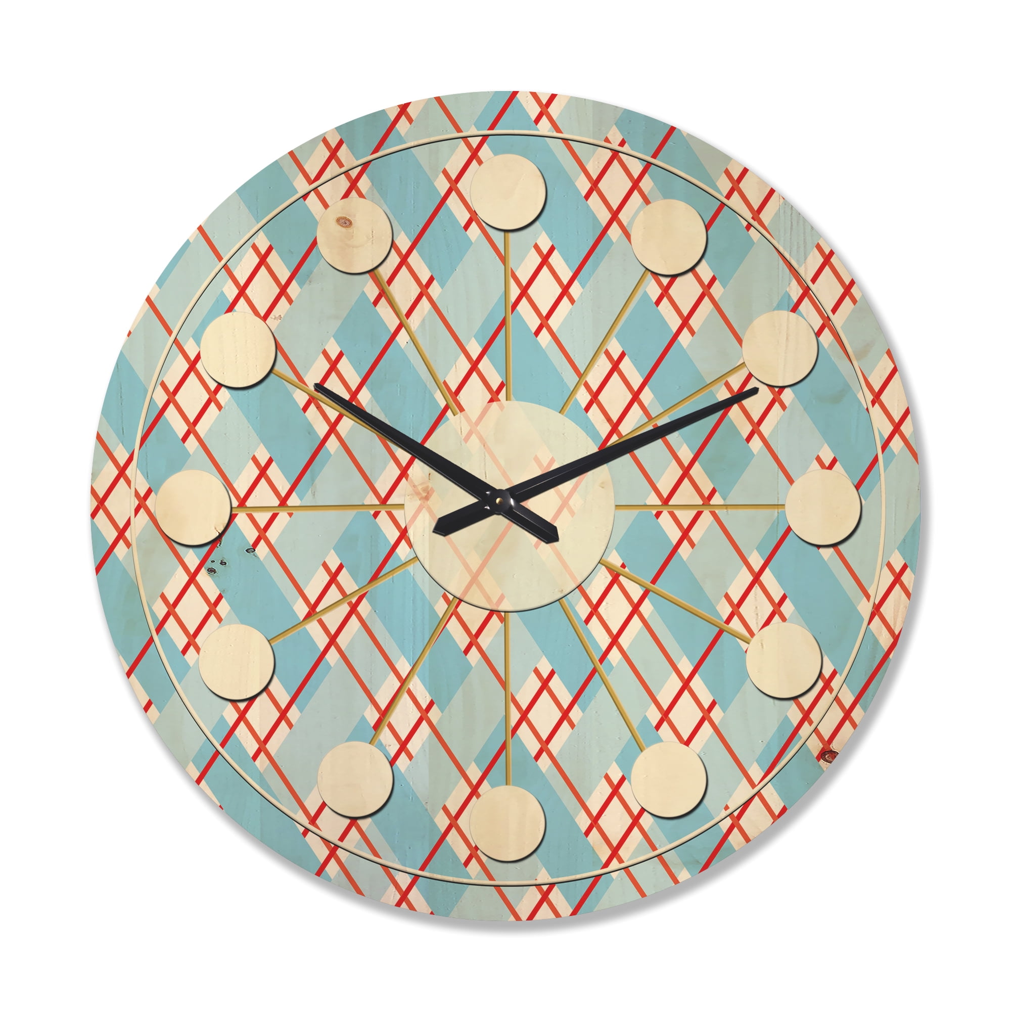Designart 'Red and Blue Plaid' Mid-Century Modern Wood Wall Clock