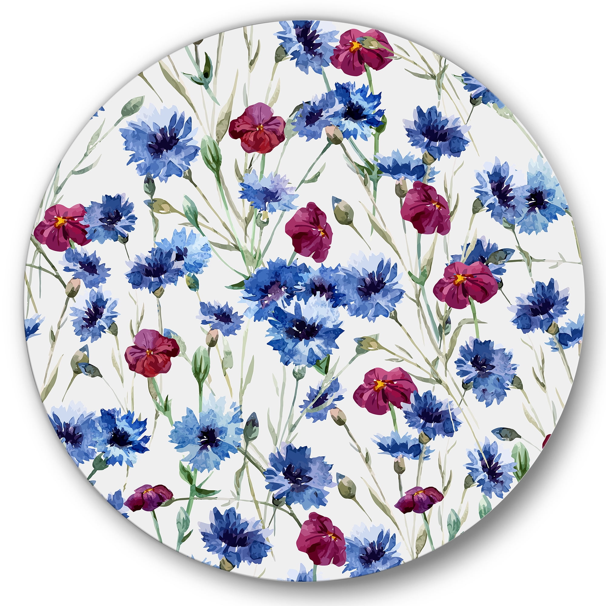 Designart 'Red and Blue Wildflowers' Traditional Circle Metal Wall Art 23x23 - Disc of 23
