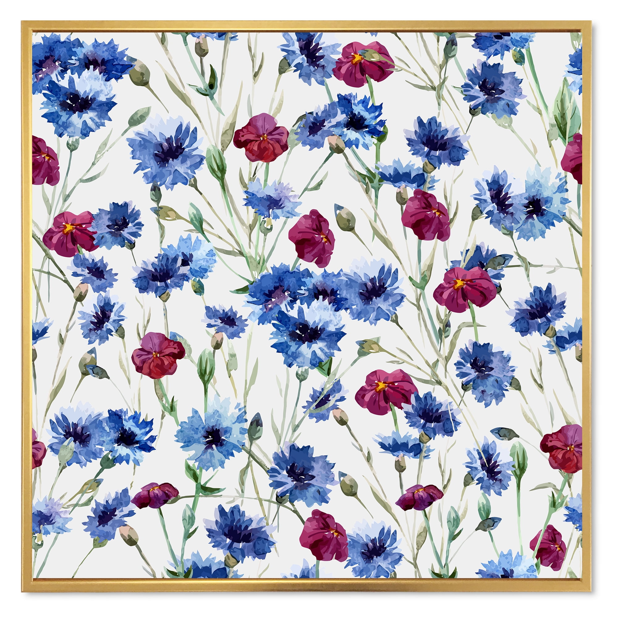 Designart 'Red and Blue Wildflowers' Traditional Framed Canvas Wall Art Print