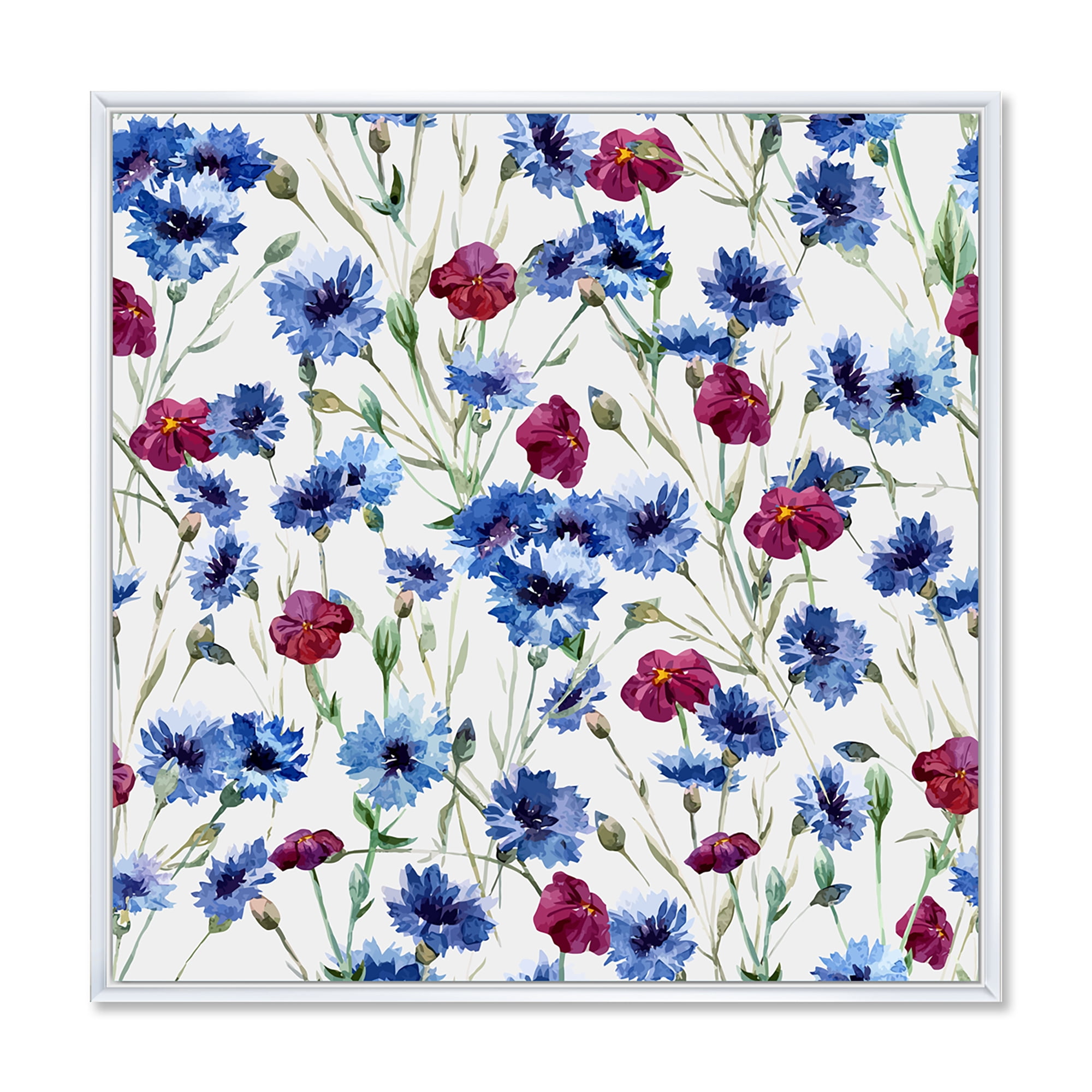 Designart 'Red and Blue Wildflowers' Traditional Framed Canvas Wall Art Print