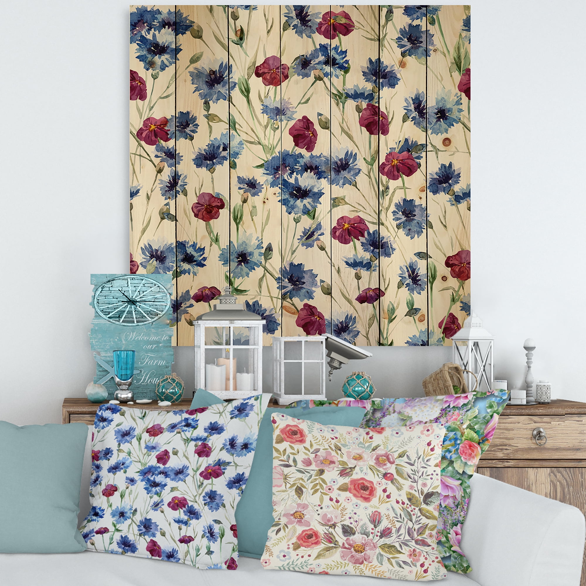 Designart 'Red and Blue Wildflowers' Traditional Print on Natural Pine Wood