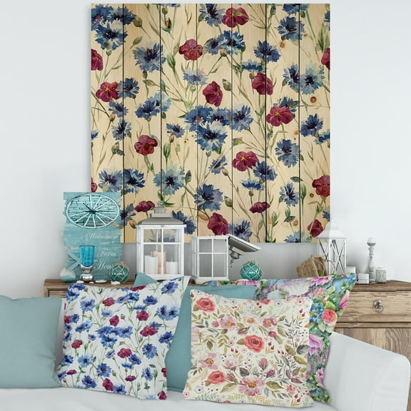Designart 'Red and Blue Wildflowers' Traditional Print on Natural Pine Wood
