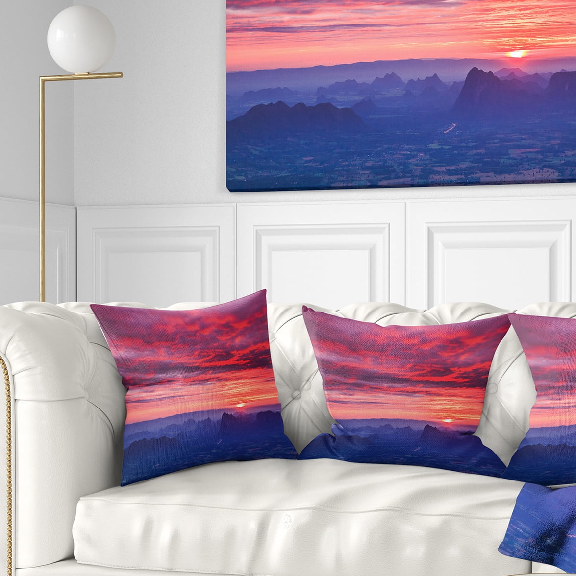 Designart Red and Blue Winter Mountains - Landscape Photography Throw Pillow - 18x18