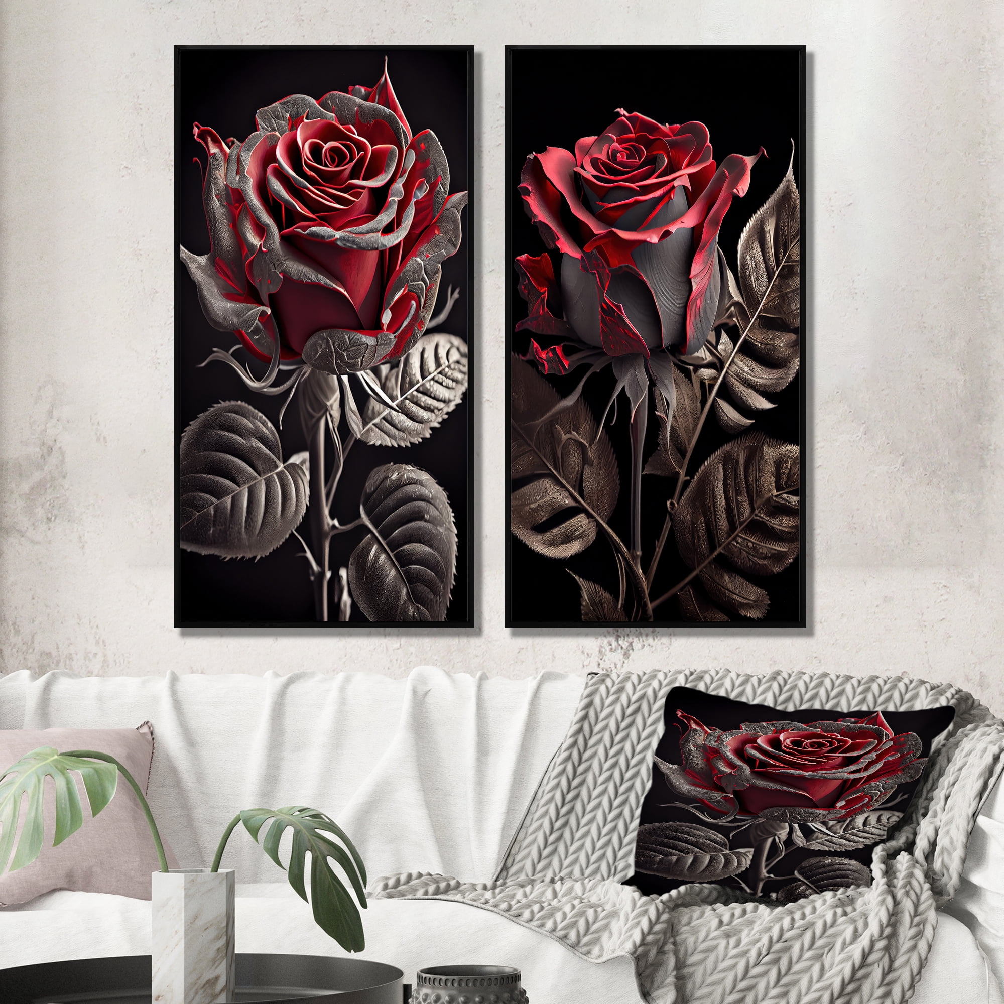 Designart "Red and Gray Blossoming Rose I" Floral Framed Wall Art Set ...