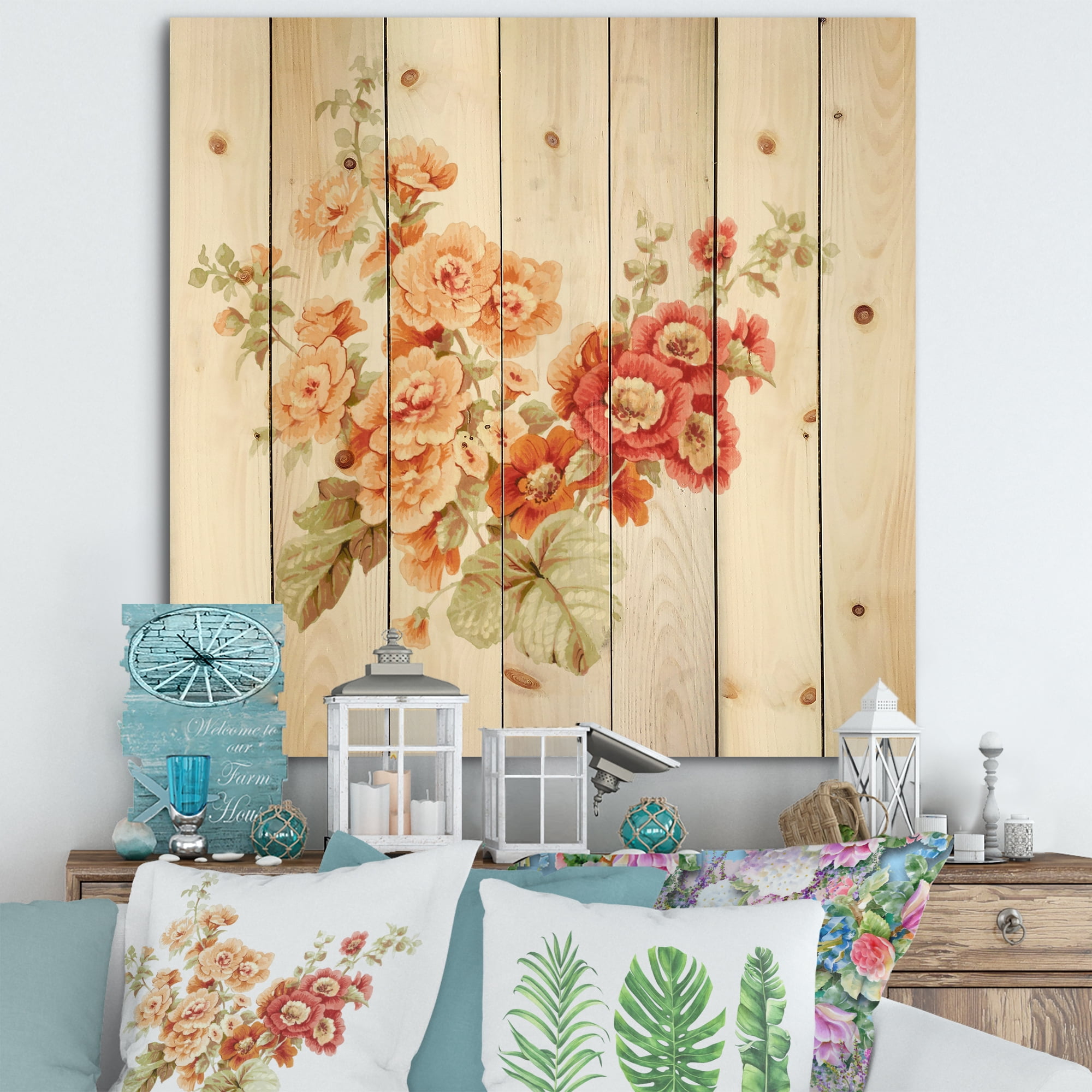 Designart 'Red and Orange Wildflowers' Traditional Print on Natural Pine Wood